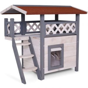 dibea Katzenhaus Lodge Holz für Katzen mit Terrasse und Treppe 77x50x73 cm